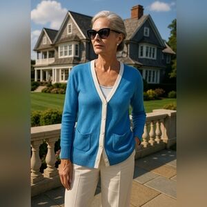 Lord & Taylor 100% Cashmere Cardigan Sweater Size L Blue White